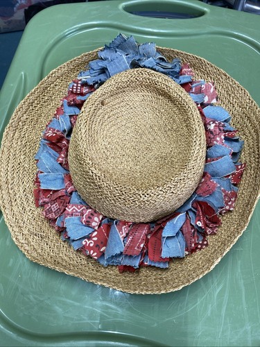 Frank Olive Vintage Women’s Straw Hat Patriotic Denim Chambray Band Pre Owned - Picture 3 of 5