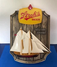 Vintage Stroh's Beer Welcome Aboard Advertising Sign Display Sailboat 12"x17"