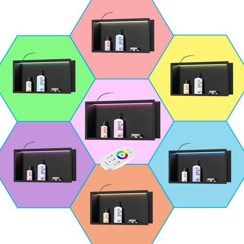 RGB LED Light Shower Niche, Matte Black 18X12 in Stainless Steel Wall Niche w... - Picture 9 of 9