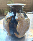 Vintage North Eagle Art Pottery Signed~Kitty Cat Vase~Cobalt Tan~3-D relief~EXCL