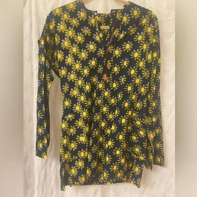 Fun Batik  pullover tunic with sunshine yellow graphic With Pockets! Large.