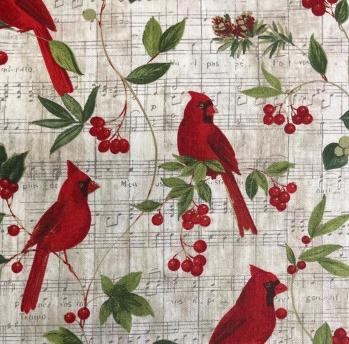 Fabric Christmas Red Cardinals Music Note Paper Background 100% Cotton Quilt 3/4 - Picture 2 of 2