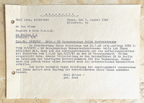 WW2 GERMANY - CONSTRUCTION OF A PROTECTION SQUADRON GARAGE IN POZNAŃ 1942 LETTER