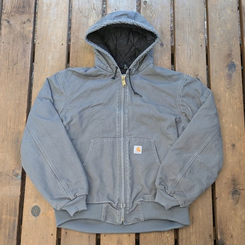 Vintage Carhartt Duck Canvas Hooded Quilt Lined Work Jacket J140 GVL Grey Mens Large