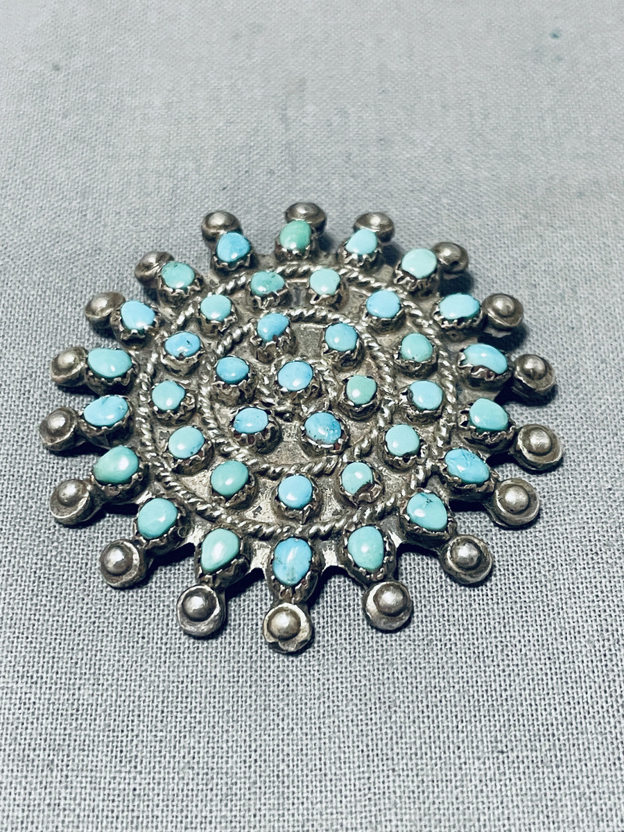 Hypnotic Vintage Native American Zuni Blue Gem Turquoise Cluster Sterling Silver Enormous Pin Hypnotic Vintage Native American Zuni Blue Gem Turquoise Cluster Sterling Silver Enormous Pin