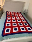 Vintage Granny square Afghan blanket Throw Patriotic Red white and blue 43x77
