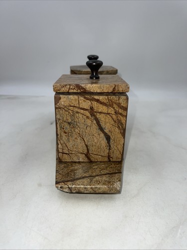 VTG Stone Canister Lidded Set Container Vanity Tray Hexagonal Brown Tan - Picture 4 of 17