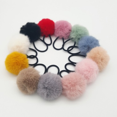 Women Solid Color Fluffy Plush Hair Rope Pompom Stretch Hair Ties Rubber Band - Picture 2 of 21