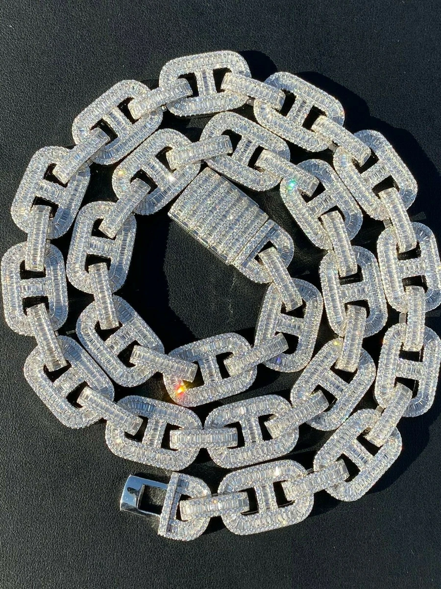 Solid 925 Sterling Silver Baguette Gucci Link Chain Iced 15mm