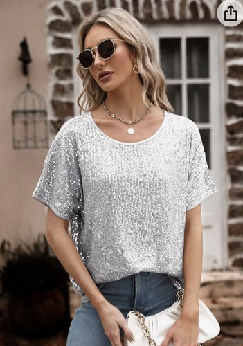 Sucolan 2XL Silver Sequin Top Sparkly Glitter Blouses Sequin Short Sleeve - Picture 2 of 14