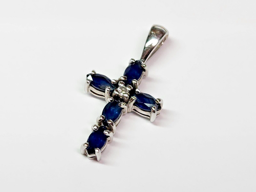 PRETTY 14kw Gold 1.00 ctw Blue Sapphire & Diamond Cross Pendant Necklace - Picture 2 of 20