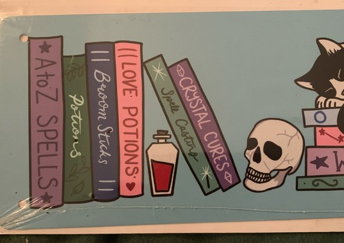 Slim Metal Tin Sign : witches cat asleep on book shelf. Brand New - Bild 2 von 6