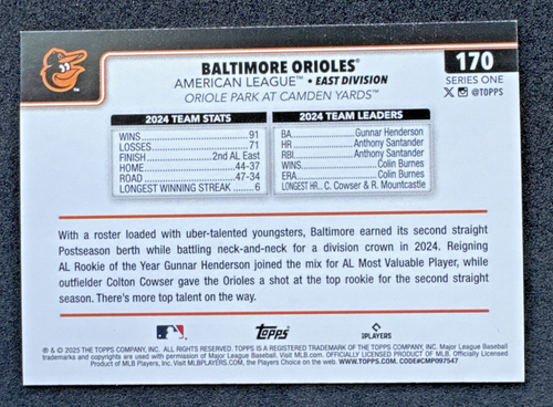 ⭐🦄 2025 Topps Serie 1 - Tarjeta del equipo Baltimore Orioles #170 MLB Béisbol 🆓📦 - Imagen 2 de 2