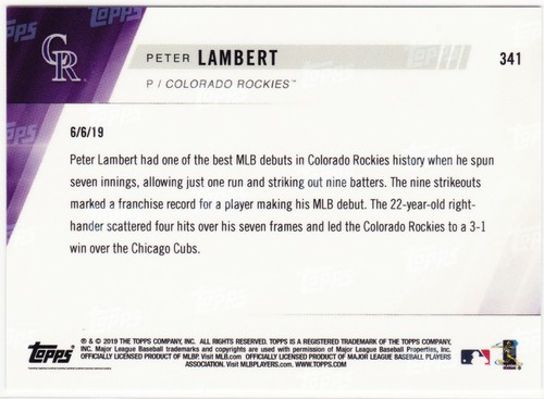 Peter Lambert Rockies Rookie 2019 Topps NOW 341 Debut 6/6/19 RC - Picture 2 of 2