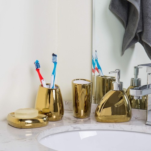 MyGift 4 Piece Modern Gold Ceramic Bathroom Accessory Set with Soap Dispenser, - Picture 2 of 4