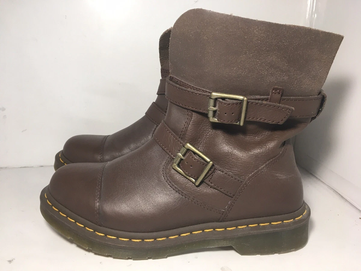 Dr Martens Kristy Slouch brown Leather Biker Buckle Boots Size US