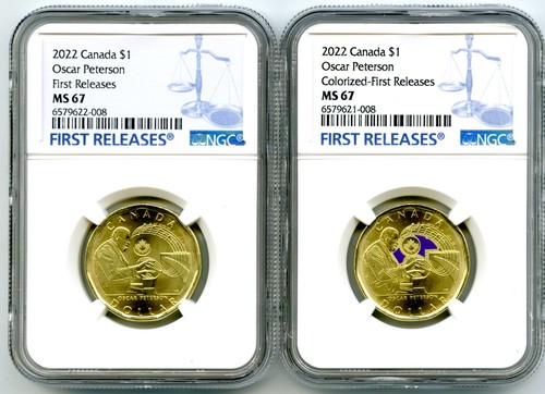 2022 $1 CANADA NGC MS67 OSCAR PETERSON LOON LOONIE DOLLAR MATCHED 2-COIN SET - Picture 1 of 2
