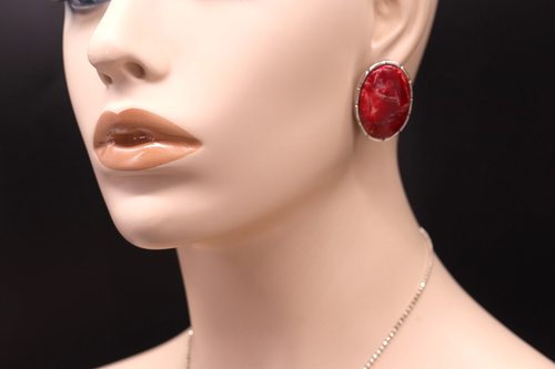 Vintage Deep Mottled Jasper Red Colored Oval Cabochon Clip Earrings 1 1/4" - Picture 4 of 6