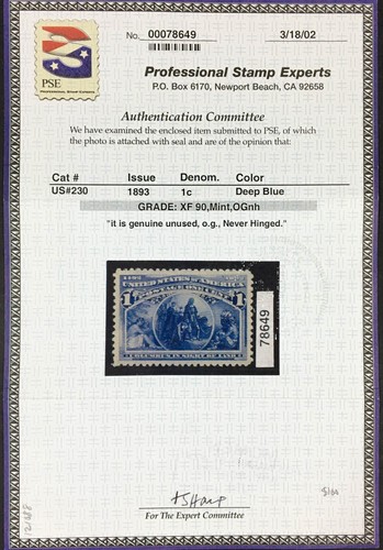 MOMEN: US STAMPS #230 MINT OG NH PSE GRADED CERT XF-90 LOT #94642 - Picture 2 of 3