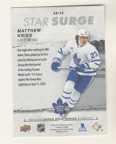 2023-24 Upper Deck STAR SURGE #SS-15 MATTHEW KNIES RC Rookie Toronto Maple Leafs - Picture 2 of 2