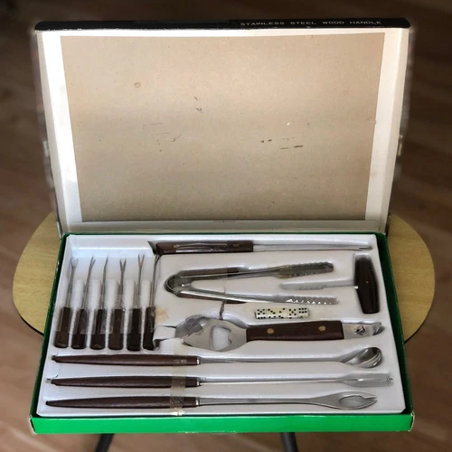 Vintage Wood & Stainless Steel 12-Piece Party Bar Cocktail Tool Set