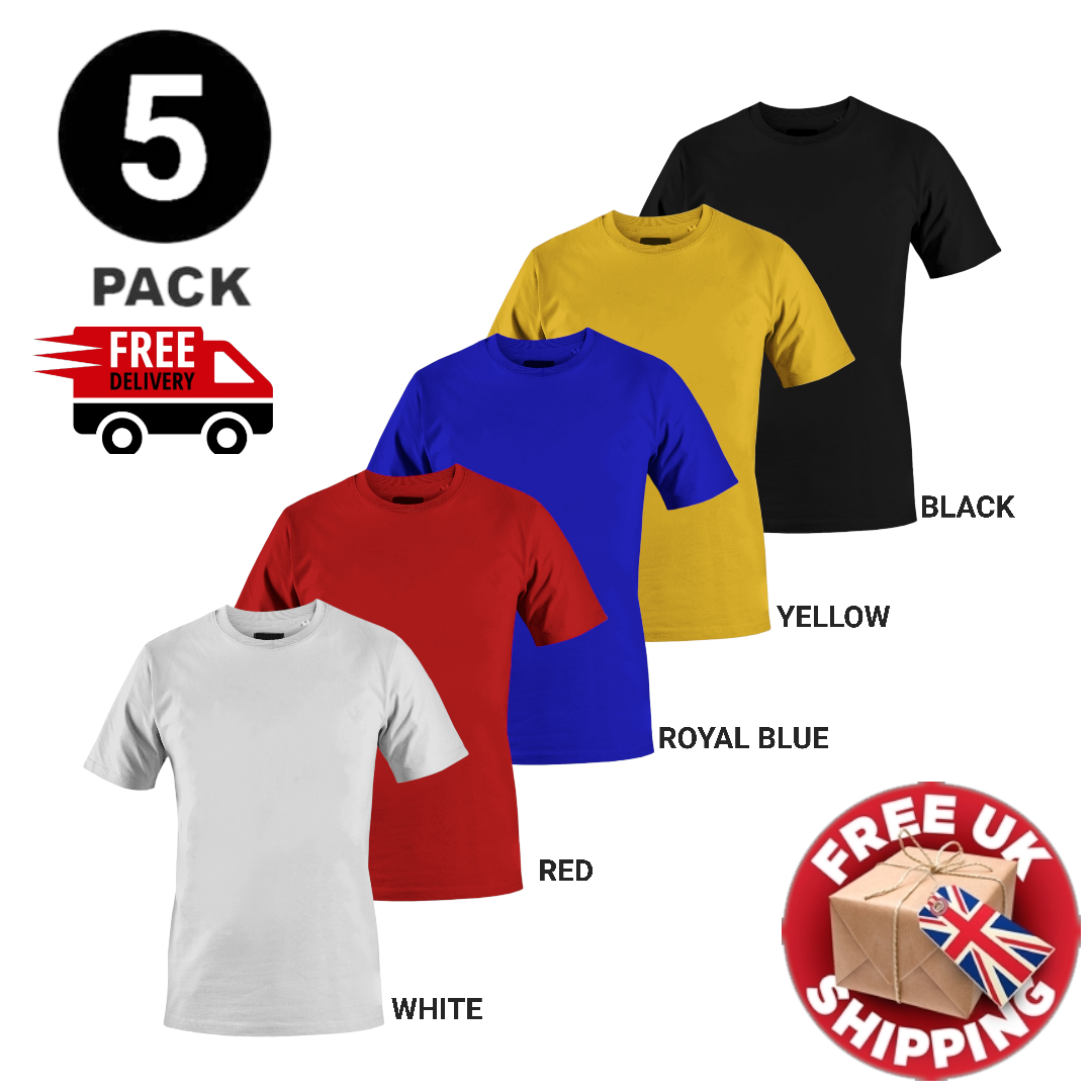 Mens Plain colour T Shirts Multipack 5 Pack 100 Cotton Blank Short Sleeve New