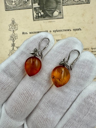 VINTAGE russian Earrings SILVER 875 Stone Natural BALTIC AMBER JEWELRY old Egg - Picture 19 of 24