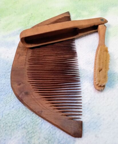 Kombi antiker handgeschnitzter Halbmondkamm aus Holz & klappbare Naturzahnbürste Rarität - Bild 2 von 10