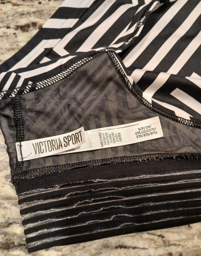 Victoria Sport Bra Small Black White Stripe Sporty Mock Neck Mesh Lined Wireless - Picture 12 of 13
