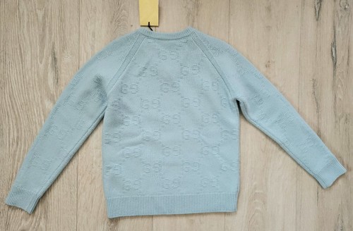Gucci Kids 100% wool sweater with jacquard logo V-neck Baby Blue Girls Size 8 - Picture 4 of 11