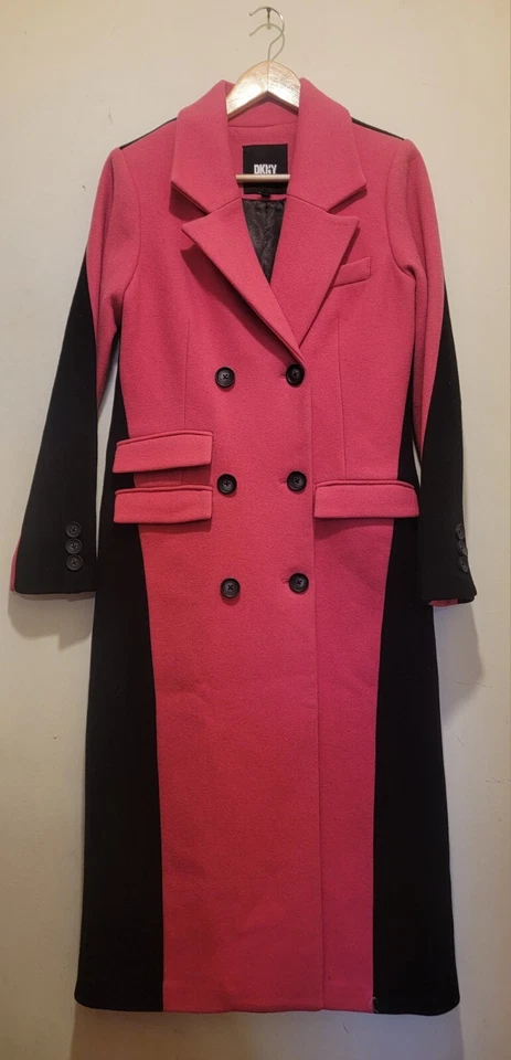 DKNY Women Two Tone Maxi Wool Coat Pink/black Sz Sm