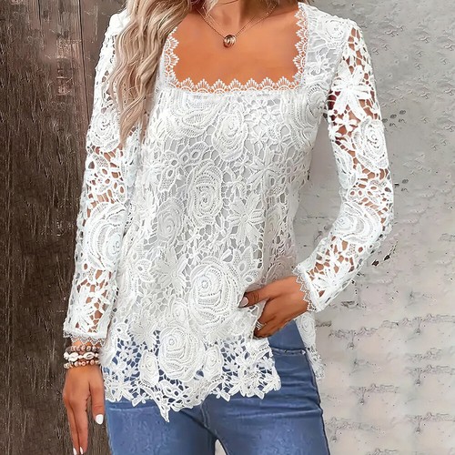 Plus Size Womens Lace Floral T Shirt Square Neck Long Sleeve Casual Blouse Tops - Picture 5 of 19