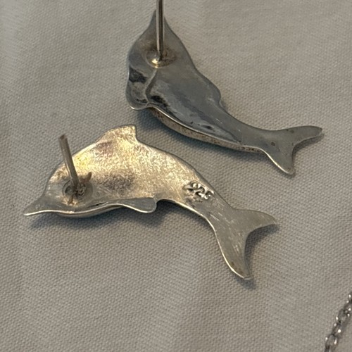 9 Pc 925 Dolphins With Stones-2 Pendant Necklaces & 3 1/2 Sets Earrings - Picture 14 of 16