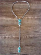 Sterling Silver Navajo Pearl & Turquoise Y Necklace Signed Tom Lewis