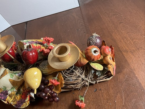 Fall Decorated 3 Candle Centerpiece 15” Pumpkins Apples Leafs 5.5” Tall - Picture 10 of 20