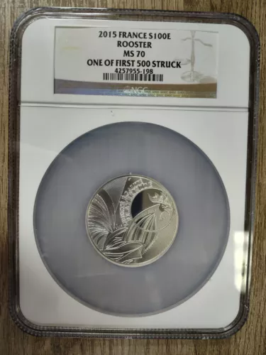 France Silver 100 Euro Rooster 2015, NGC MS70,  First 500 Struck, 50g 90% Silver
