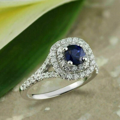 Weißgold-Finish 2 Kt Kissen Blau Diamant Halo Damen Verlobungsring Jubiläum Ring - Bild 1 von 4