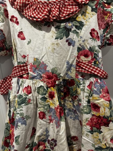 Vintage Kate Greenaway Girls Sz 5 Floral Dress red Gingham Double Bows In Back - Picture 8 of 11