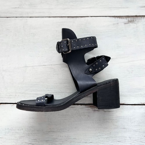 EUC Free People Happiness Heeled Sandal Sz 38 / 8 Washed Black Leather - Studded - Picture 2 of 15