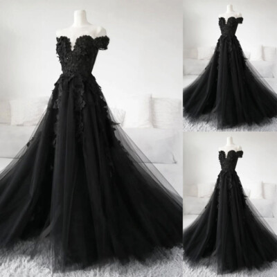 Black Gothic Wedding Dresses Off the Shoulder Beaded Lace Appliques ...