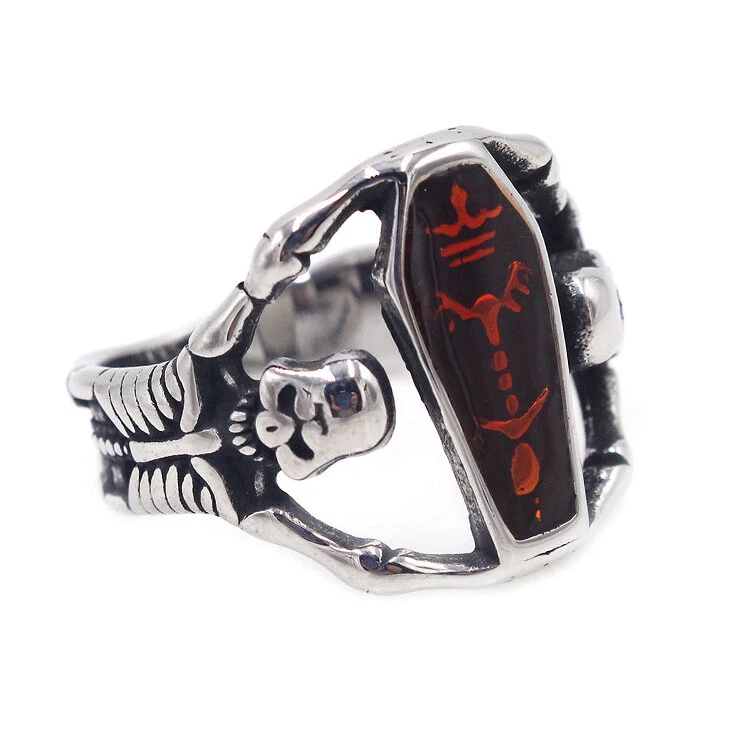 Anillo de ataúd gótico con doble calavera de acero inoxidable anillo de motociclista de sangre de vampiro Foto 2 de 4