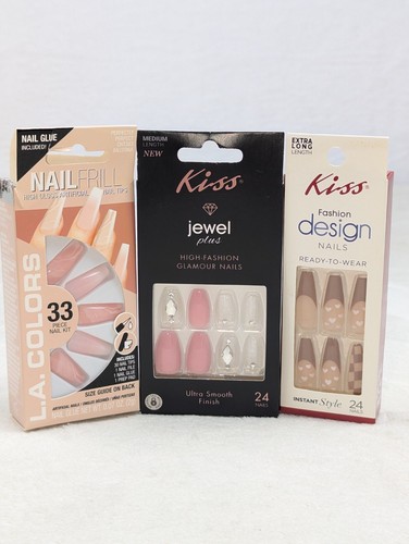 Set of 3 NIB! Artificial Nails Frill Kiss Ultra Smooth Jewel Plus 1 Kit w/Glue - Imagen 7 de 14