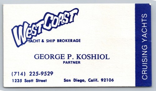 Vintage Business Card West Coast Yacht Ship Koshiol San Diego California - Bild 1 von 2