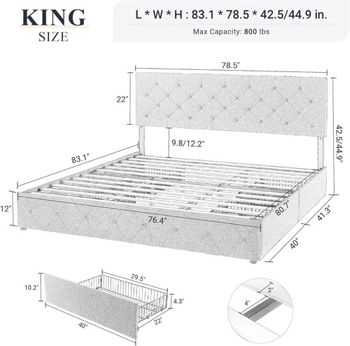 Sifurni Upholstered Bed Frame with 4 Storage Drawers and Headboard, Light Grey - Picture 9 of 21