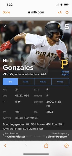 2020 Bowman Draft Nick Gonzales 1st Bowman RC Pittsburgh Pirates #BD-81 Signed - Picture 3 of 3