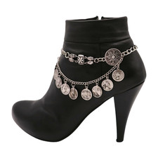 Women Silver Metal Boot Chain 2 Bracelets Shoe Ethnic Coin Wave Flower Charm SET