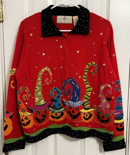 Design Options by Philip Jane Gordon Pumpkin Witch Spiders Halloween Beaded sz M