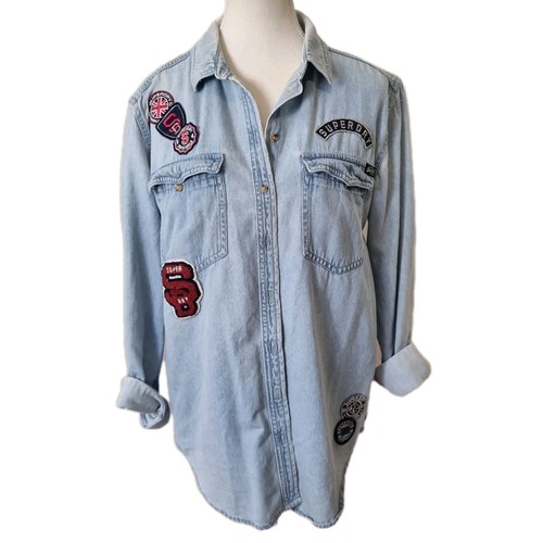 Superdry Womens Supersize Denim Blue Shirt Size S AU 8 EU 36 Long Sleeve Patched - Picture 9 of 19