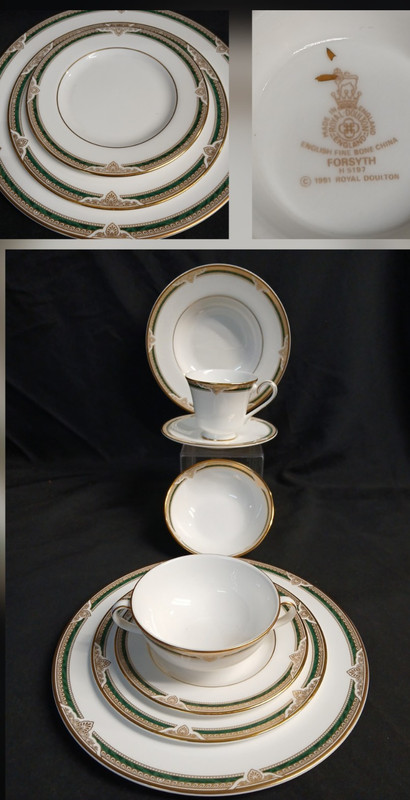'91 Forsythe H5197 8 Pc Set Royal Doulton England Dishes Bone China Green Gold