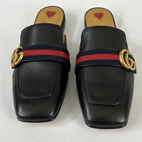 Gucci Black Leather Peyton Web Square Toe Mules, Double GG, Size 40 EU - Picture 5 of 14